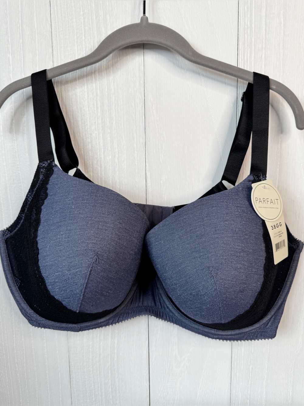 Parfait Casey 28012 Plunge Molded T-Shirt Bra in dark blue denim with black lace